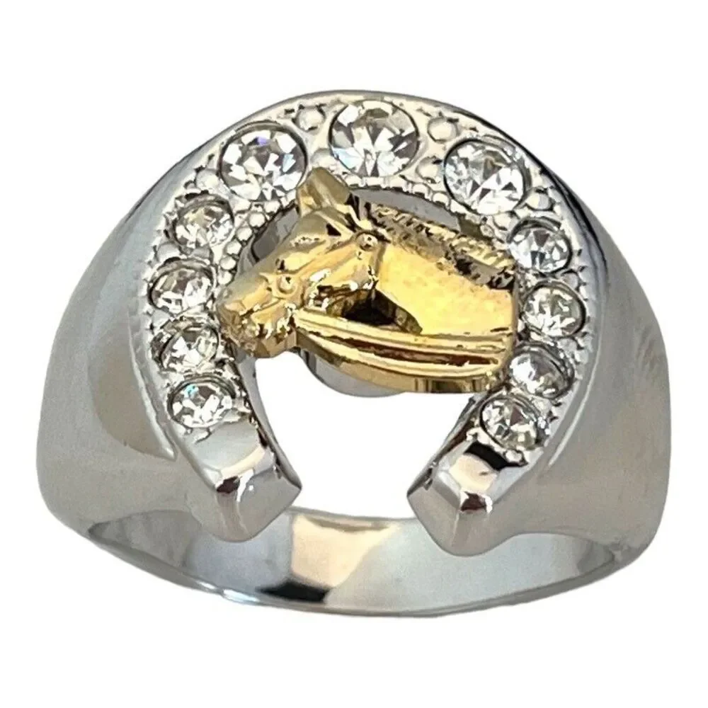 Vintage 1980s Ring Size 9 Horseshoe Horse CZ Two Tone Gold Plated - 14P